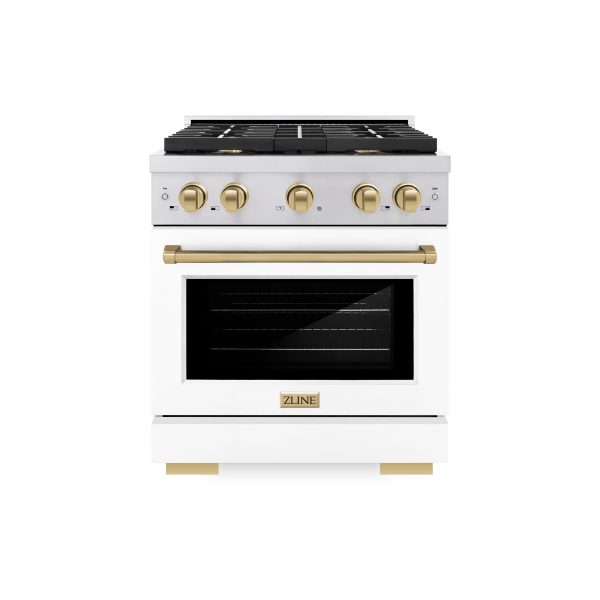 ZLINE Autograph Edition 30 in. 4.2 cu. ft. 4 Burner Gas Range with Convection Gas Oven in Stainless Steel with White Matte Door and Polished Gold Accents (SGRZ-WM-30-G) For Discount