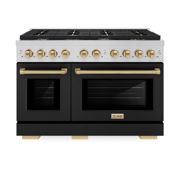 ZLINE Autograph Edition 48 in. 6.7 cu. ft. 8 Burner Double Oven Gas Range in Stainless Steel with Black Matte Doors and Champagne Bronze Accents (SGRZ-BLM-48-CB) on Sale