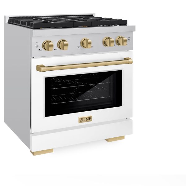 ZLINE Autograph Edition 30 in. 4.2 cu. ft. 4 Burner Gas Range with Convection Gas Oven in Stainless Steel with White Matte Door and Polished Gold Accents (SGRZ-WM-30-G) For Discount