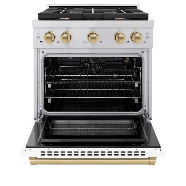 ZLINE Autograph Edition 30 in. 4.2 cu. ft. 4 Burner Gas Range with Convection Gas Oven in Stainless Steel with White Matte Door and Polished Gold Accents (SGRZ-WM-30-G) For Discount