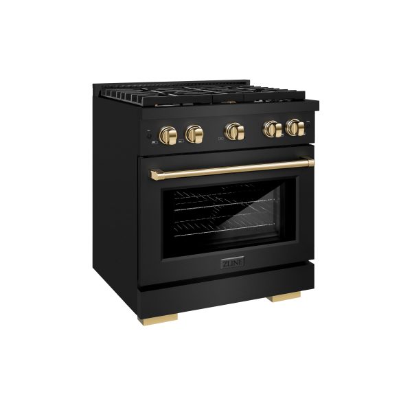 ZLINE Autograph Edition 30 in. 4.2 cu. ft. 4 Burner Gas Range with Convection Gas Oven in Black Stainless Steel and Polished Gold Accents (SGRBZ-30-G) Discount