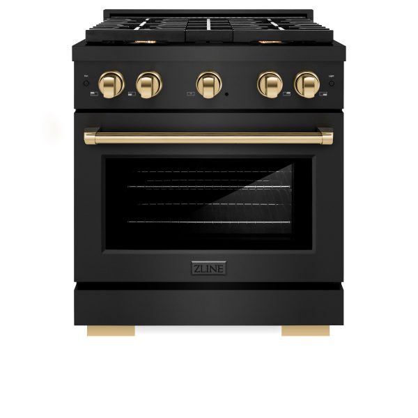 ZLINE Autograph Edition 30 in. 4.2 cu. ft. 4 Burner Gas Range with Convection Gas Oven in Black Stainless Steel and Polished Gold Accents (SGRBZ-30-G) Discount