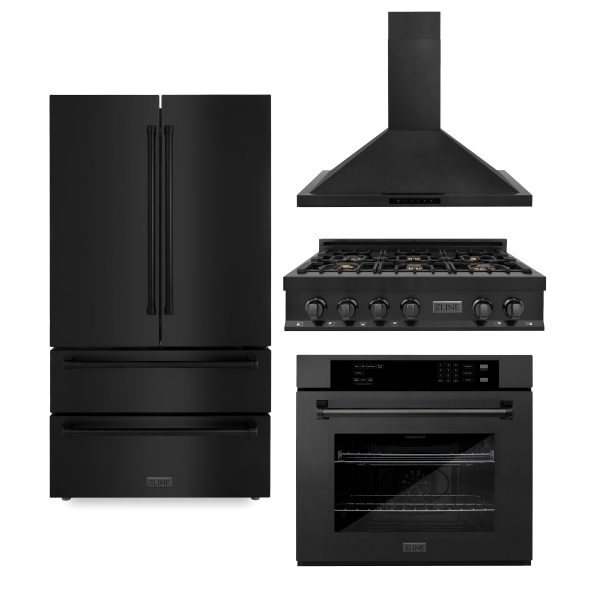 ZLINE Appliance Package | 36  Rangetop, Refrigerator, Range Hood, 30  Single Wall Oven | Black Stainless Steel | 4KPR-RTBRH36-AWS Fashion