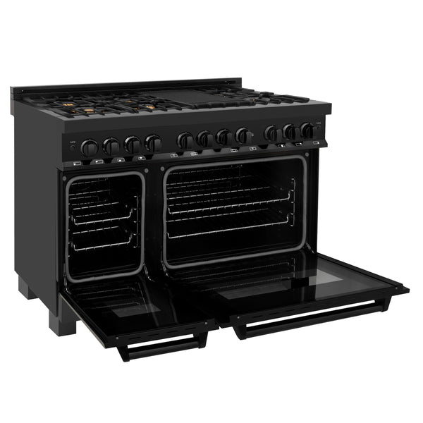 ZLINE 2 Piece Kitchen Appliance Package -48  Black Stainless Steel Dual Fuel Range and Convertible Vent Range Hood (2KP-RABRH48) Online now