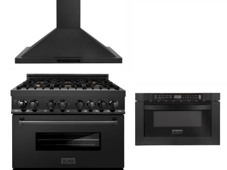 ZLINE 36  Kitchen Package with Black Stainless Steel Dual Fuel Range, Convertible Vent Range Hood and Microwave Drawer (3KP-RABRH36-MW) Sale