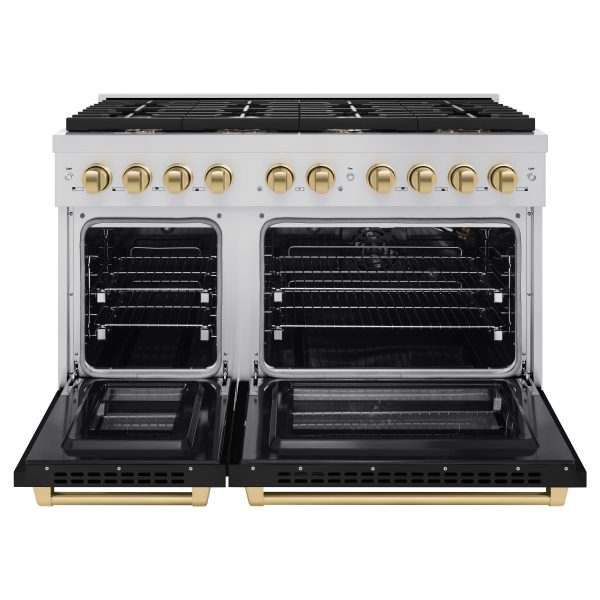 ZLINE Autograph Edition 48 in. 6.7 cu. ft. 8 Burner Double Oven Gas Range in Stainless Steel with Black Matte Doors and Champagne Bronze Accents (SGRZ-BLM-48-CB) on Sale