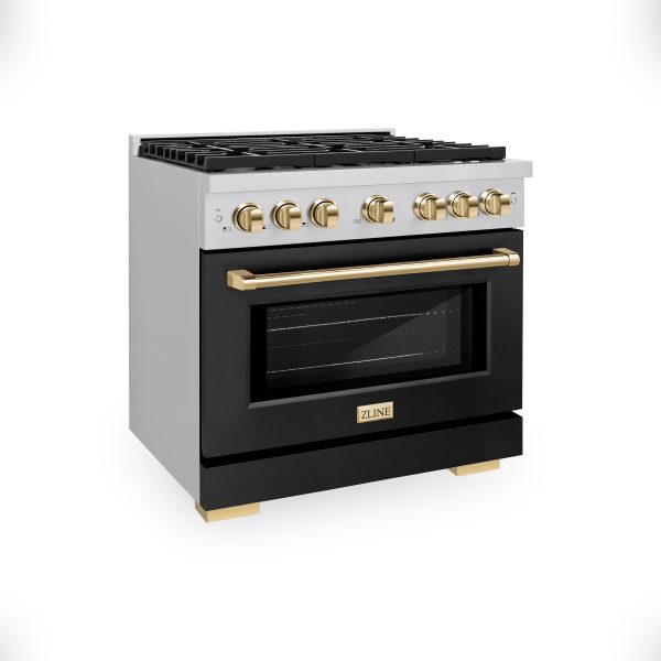 ZLINE Autograph Edition 36 in. 5.2 cu. ft. 6 Burner Gas Range with Convection Gas Oven in Stainless Steel with Black Matte Door and Polished Gold Accents (SGRZ-BLM-36-G) For Sale