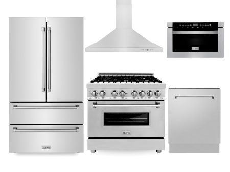 ZLINE Kitchen Package with Refrigeration, 36  Stainless Steel Dual Fuel Range, 36  Range Hood, Microwave Drawer, and 24  Tall Tub Dishwasher (5KPR-RARH36-MWDWV) For Sale