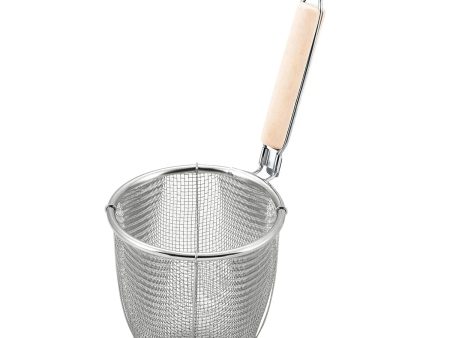 MINEX Stainless Steel Udon Tebo Noodle Strainer Round Base with Plain Wooden Handle For Sale