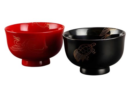 Echizen Shikki Makie Wood Couple Soup Bowls Crane and Tortoise For Discount