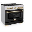 ZLINE Autograph Edition 36 in. 5.2 cu. ft. 6 Burner Gas Range with Convection Gas Oven in Stainless Steel with Black Matte Door and Polished Gold Accents (SGRZ-BLM-36-G) For Sale