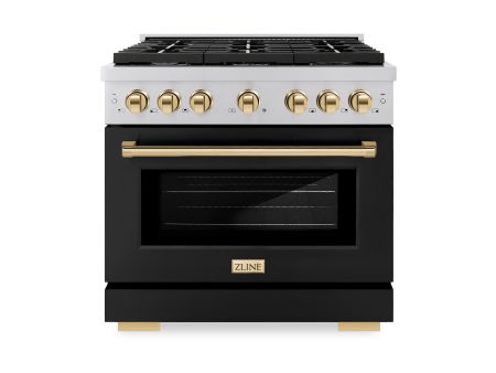 ZLINE Autograph Edition 36 in. 5.2 cu. ft. 6 Burner Gas Range with Convection Gas Oven in Stainless Steel with Black Matte Door and Polished Gold Accents (SGRZ-BLM-36-G) For Sale