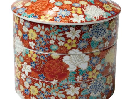 SEIKOU Kutani Porcelain 3-Tier Jubako Box Hanazume Red Online Sale