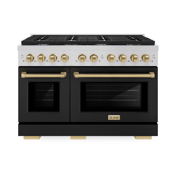 ZLINE Autograph Edition 48 in. 6.7 cu. ft. 8 Burner Double Oven Gas Range in Stainless Steel with Black Matte Doors and Champagne Bronze Accents (SGRZ-BLM-48-CB) on Sale