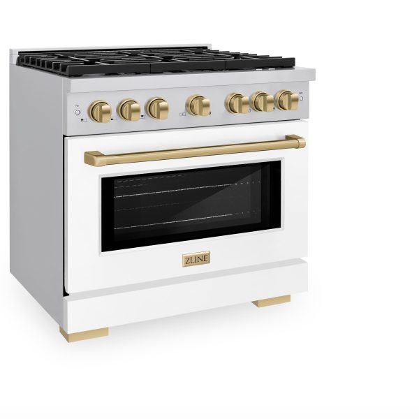 ZLINE Autograph Edition 36 in. 5.2 cu. ft. 6 Burner Gas Range with Convection Gas Oven in Stainless Steel with White Matte Door and Champagne Bronze Accents (SGRZ-WM-36-CB) Supply