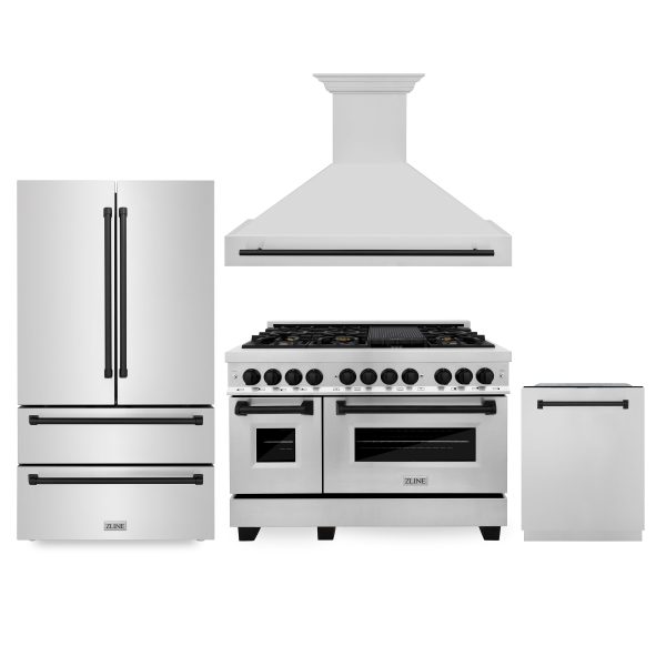 ZLINE Appliance Package - Autograph Edition | 48  Dual Fuel Range, Range Hood, Dishwasher, 36  Refrigerator | Stainless Steel With Matte Black Accents | 4KAPR-RARHDWM48-MB For Sale