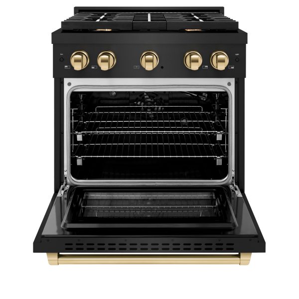 ZLINE Autograph Edition 30 in. 4.2 cu. ft. 4 Burner Gas Range with Convection Gas Oven in Black Stainless Steel and Polished Gold Accents (SGRBZ-30-G) Discount