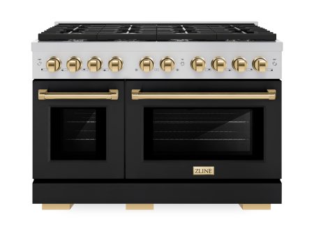 ZLINE Autograph Edition 48 in. 6.7 cu. ft. 8 Burner Double Oven Gas Range in Stainless Steel with Black Matte Doors and Polished Gold Accents (SGRZ-BLM-48-G) For Cheap