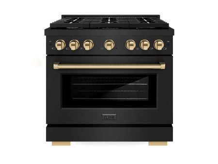 ZLINE Autograph Edition 36 in. 5.2 cu. ft. 6 Burner Gas Range with Convection Gas Oven in Black Stainless Steel and Polished Gold Accents (SGRBZ-36-G) Fashion