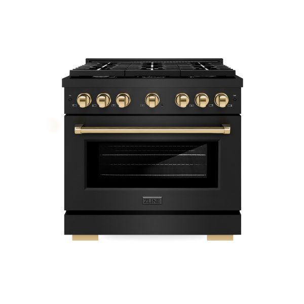 ZLINE Autograph Edition 36 in. 5.2 cu. ft. 6 Burner Gas Range with Convection Gas Oven in Black Stainless Steel and Polished Gold Accents (SGRBZ-36-G) Fashion