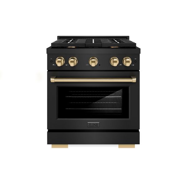 ZLINE Autograph Edition 30 in. 4.2 cu. ft. 4 Burner Gas Range with Convection Gas Oven in Black Stainless Steel and Polished Gold Accents (SGRBZ-30-G) Discount