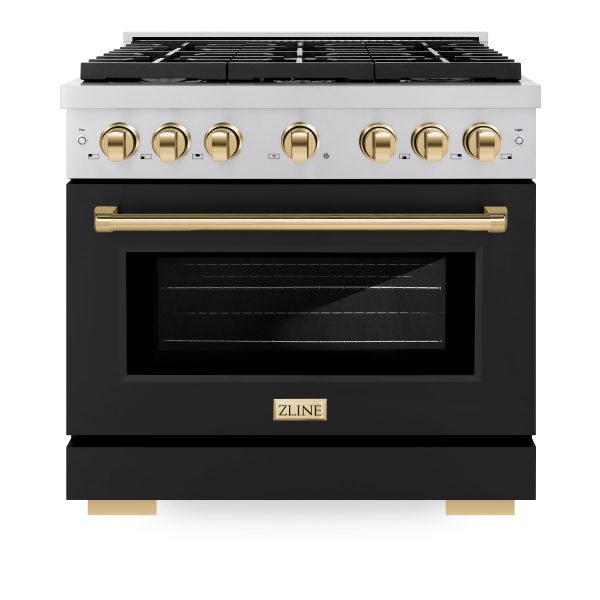 ZLINE Autograph Edition 36 in. 5.2 cu. ft. 6 Burner Gas Range with Convection Gas Oven in Stainless Steel with Black Matte Door and Polished Gold Accents (SGRZ-BLM-36-G) For Sale