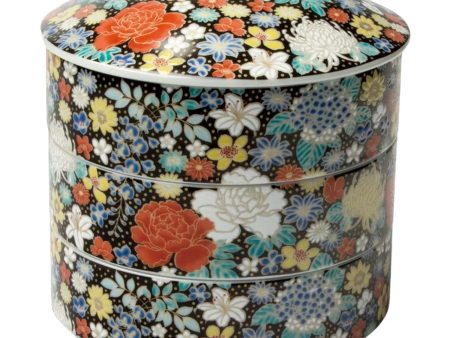 SEIKOU Kutani Porcelain 3-Tier Jubako Box Hanazume Black on Sale