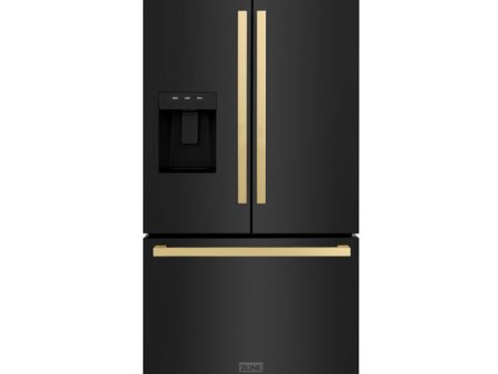 ZLINE Autograph Edition 36 in. 28.9 cu. ft. Standard-Depth French Door External Water Dispenser Refrigerator with Dual Ice Maker in Black Stainless Steel and Champagne Bronze Modern Handles (RSMZ-W36-BS-FCB) Online Sale