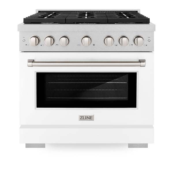 ZLINE 36 in. 5.2 cu. ft. Paramount Dual Fuel Range with 6 Burner Gas Cooktop and Electric Convection Oven in DuraSnow® Stainless Steel with White Matte Door (SDRS-WM-36) For Sale