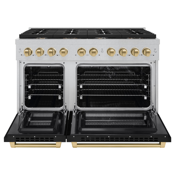 ZLINE Autograph Edition 48 in. 6.7 cu. ft. Paramount Double Oven Dual Fuel Range with 8 Burner Gas Cooktop in DuraSnow® Stainless Steel with Black Matte Door and Accents (SDRSZ-BLM-48) Supply