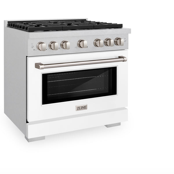 ZLINE 36 in. 5.2 cu. ft. Paramount Dual Fuel Range with 6 Burner Gas Cooktop and Electric Convection Oven in DuraSnow® Stainless Steel with White Matte Door (SDRS-WM-36) For Sale