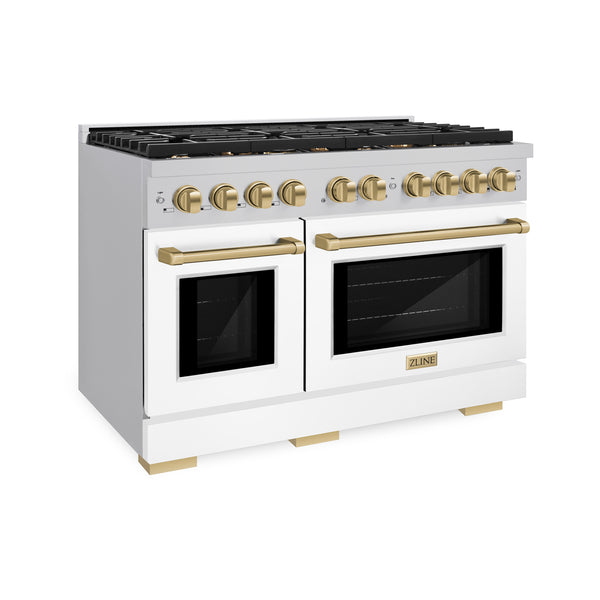 ZLINE Autograph Edition 48 in. 6.7 cu. ft. Paramount Double Oven Dual Fuel Range with 8 Burner Gas Cooktop in Stainless Steel with White Matte Doors and Champagne Bronze Gold Matte Black Accents (SDRZ-WM-48) For Discount