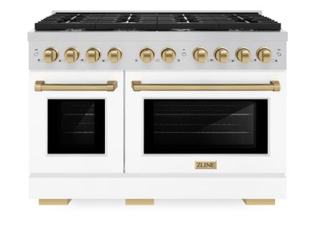 ZLINE Autograph Edition 48 in. 6.7 cu. ft. Paramount Double Oven Dual Fuel Range with 8 Burner Gas Cooktop in Stainless Steel with White Matte Doors and Champagne Bronze Gold Matte Black Accents (SDRZ-WM-48) For Discount