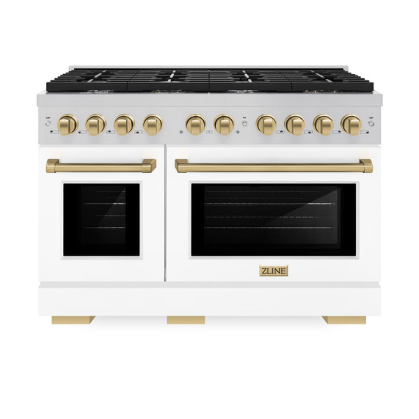 ZLINE Autograph Edition 48 in. 6.7 cu. ft. Paramount Double Oven Dual Fuel Range with 8 Burner Gas Cooktop in Stainless Steel with White Matte Doors and Champagne Bronze Gold Matte Black Accents (SDRZ-WM-48) For Discount