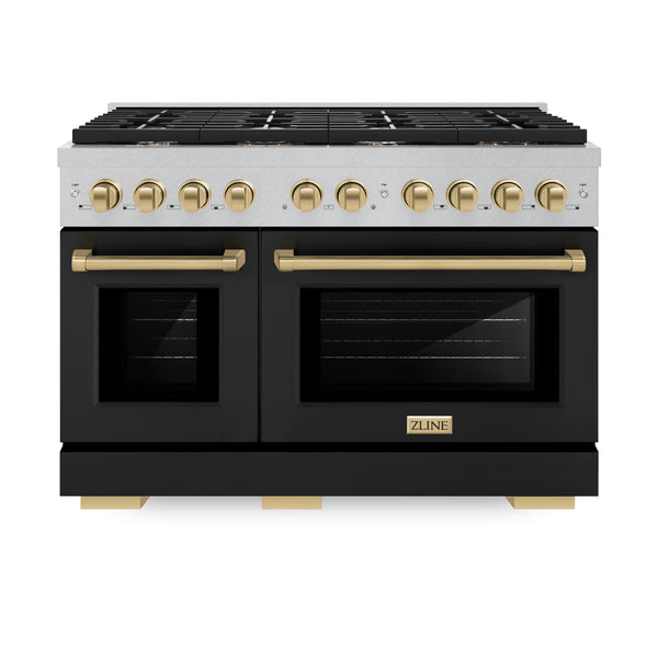 ZLINE Autograph Edition 48 in. 6.7 cu. ft. Paramount Double Oven Dual Fuel Range with 8 Burner Gas Cooktop in DuraSnow® Stainless Steel with Black Matte Door and Accents (SDRSZ-BLM-48) Supply