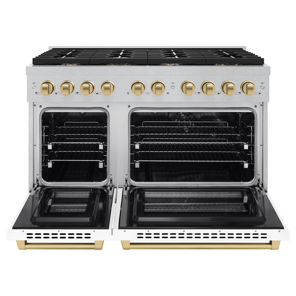 ZLINE Autograph Edition 48 in. 6.7 cu. ft. Paramount Double Oven Dual Fuel Range with 8 Burner Gas Cooktop in DuraSnow® Stainless Steel with White Matte Doors and Accents (SDRSZ-WM-48) on Sale