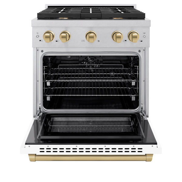 ZLINE Autograph Edition 30 in. 4.2 cu. ft. Paramount Dual Fuel Range with 4 Burner Gas Cooktop and Electric Convection Oven in DuraSnow® Stainless Steel with White Matte Door and Accents (SDRSZ-WM-30) For Sale